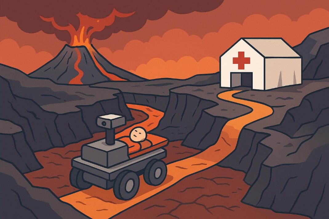ResQTech Mission 2 artwork: a rescue robot crossing a lava field toward a field hospital