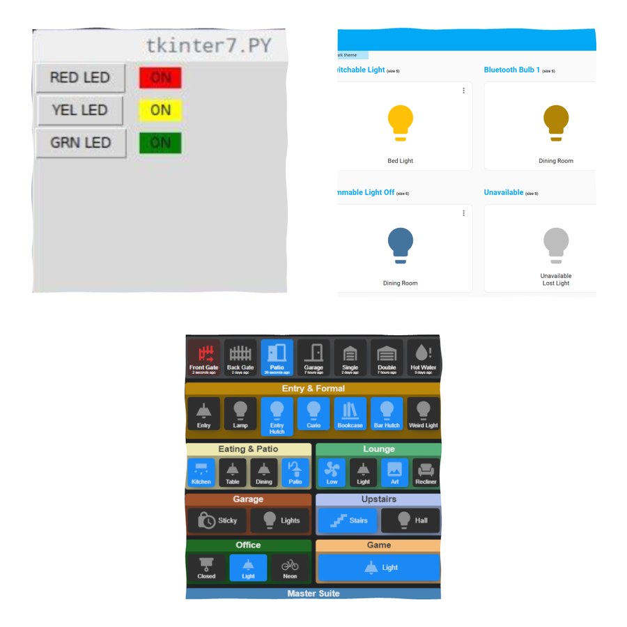 Evolution of the user interfaces: a Python GPIO panel, a Home Assistant light dashboard, and a room-by-room control panel